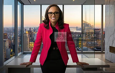 Professional Photographer Houston Environmental portrait of a businesswoman in a modern office overlooking the city during a personal branding session.