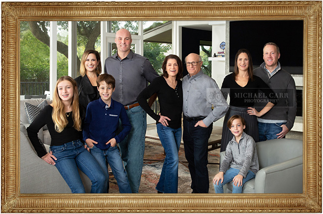 Casual family portrait with parents, adult children and grandparents in Houston Casual family portrait with parents, adult children and grandparents in Houston
