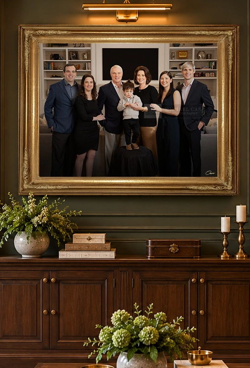 Formal family portrait with parents adult children and grandparents in Houston Formal family portraits during the holidays with parents adult children and grandparents in Houston